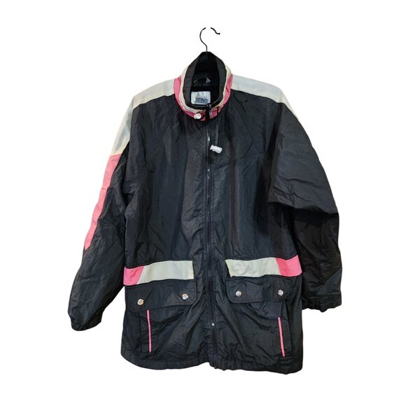 Vintage Mariel Womens Nylon Windbreaker Jacket Black With Pink & White Stripes S - Picture 1 of 3